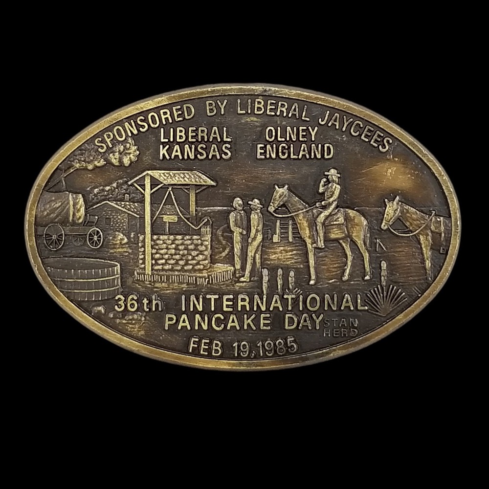 Liberal Jaycees Belt Buckle International Pancake Day 1985 Solid Brass Stan Herd